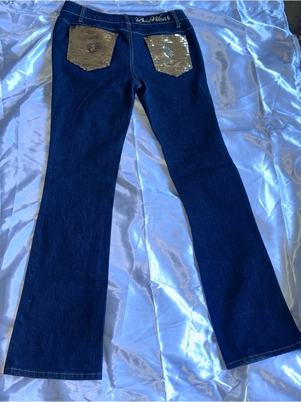 Rocawear Dark Blue Flare Jeans with Gold Sequin Pockets